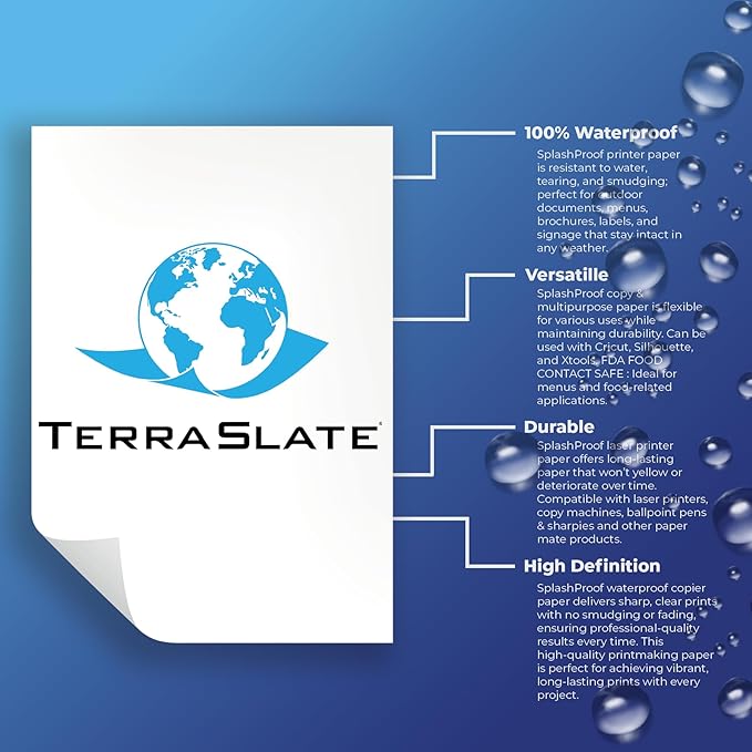 TerraSlate Waterproof, Durable, Rip-Proof Paper, 1,000 Sheets, 5 Mil (24lb Bond), 8.5” x 11”, Laser Printer and Copy Machine Compatible