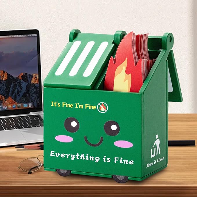Dumpster Fire Desk Accessories, Dumpster Fire Pencil Holder Set with 100 Pcs Flame Note Cards, Cute Office Desk Decor Funny Gifts for Coworker Staff Team Teachers