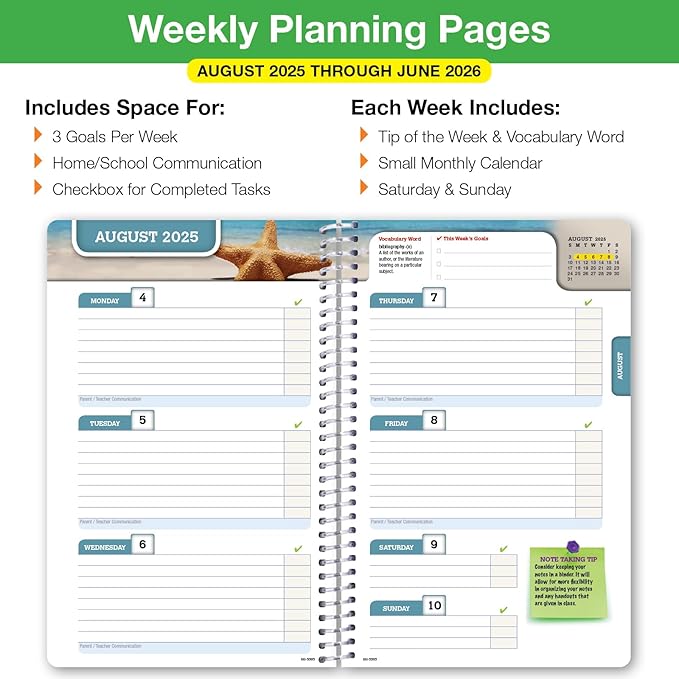 Global Datebooks Dated Middle School or High School Student Planner for Academic Year 2025-2026 Includes Ruler/Bookmark and Planning Stickers (Block Style - 5.5"x8.5" - Rainbow Linen)