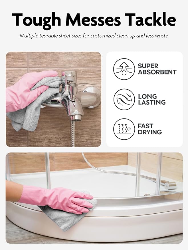 Fantasticlean Microfiber Cleaning Cloth Roll -60 Pack, Tear Away Microfiber Towels, 12" x 12", Reusable, Washable, Scratch Free, Ultra Absorbent Dish Rags for Car, Home, Garage or Shop (Pink & Grey)