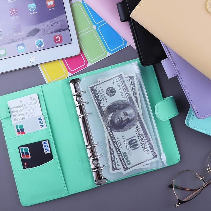 Antner A6 Budget Binder with Zipper Cash Envelopes for Money Organizer & Budgeting, PU Budget Planner Money Saving Binder with Cash Stuffing Envelopes & Labels for Home Office Travel, Light Green