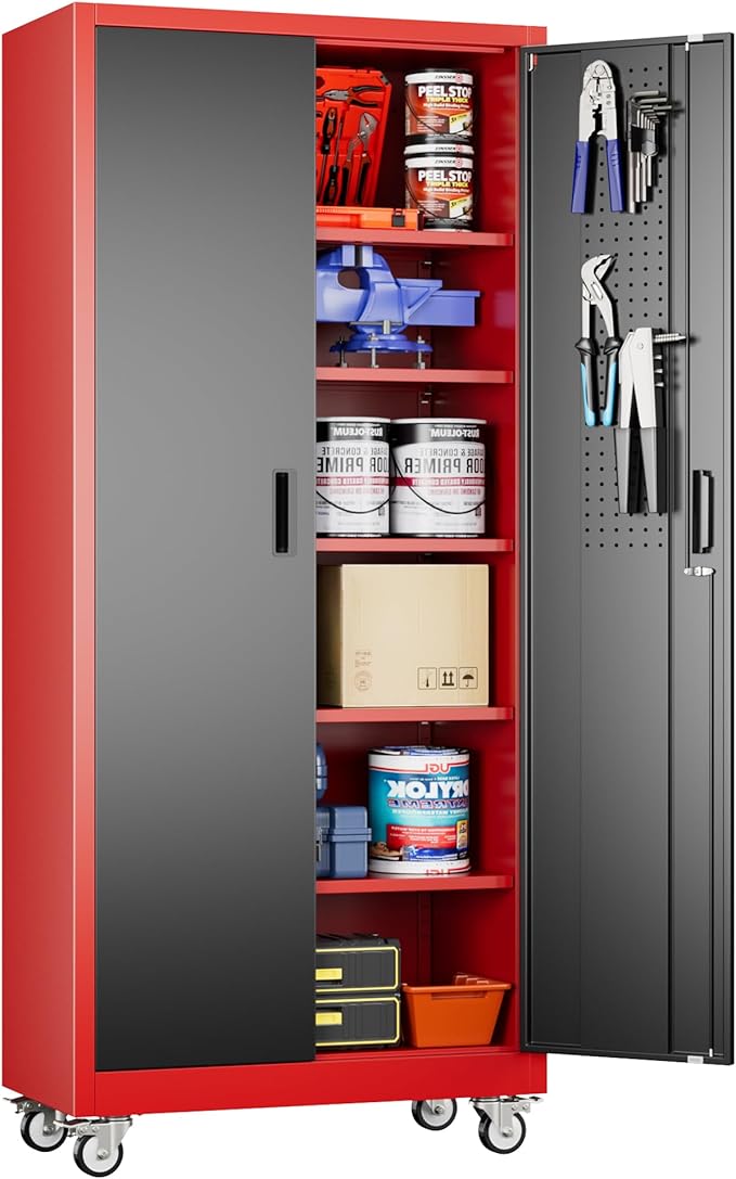 Aobabo Upgraded Garage Storage Cabinets with Wheels,Metal Storage Cabinets with 5 Adjustable Shelves for Garage Home Office Storage, Red-Black,71''H*32''W*16''D,Assembly Required
