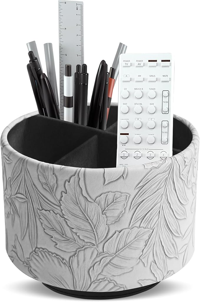Hennaja Round Leather Art Supply Organizer,Remote Control Holder,360 Degree Spinning,Multi-Functional Pencil Holder,4 Compartments Desktop Stationary Organizer(1-Carved Grey)