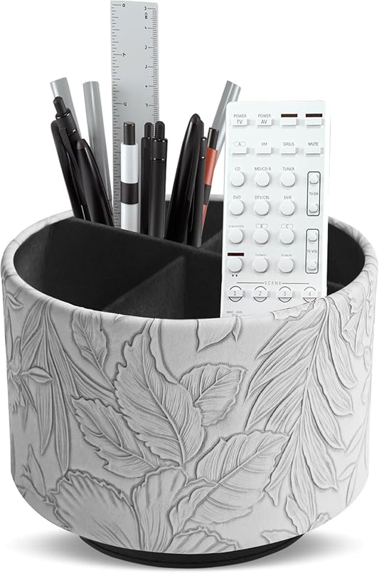 Hennaja Round Leather Art Supply Organizer,Remote Control Holder,360 Degree Spinning,Multi-Functional Pencil Holder,4 Compartments Desktop Stationary Organizer(1-Carved Grey)