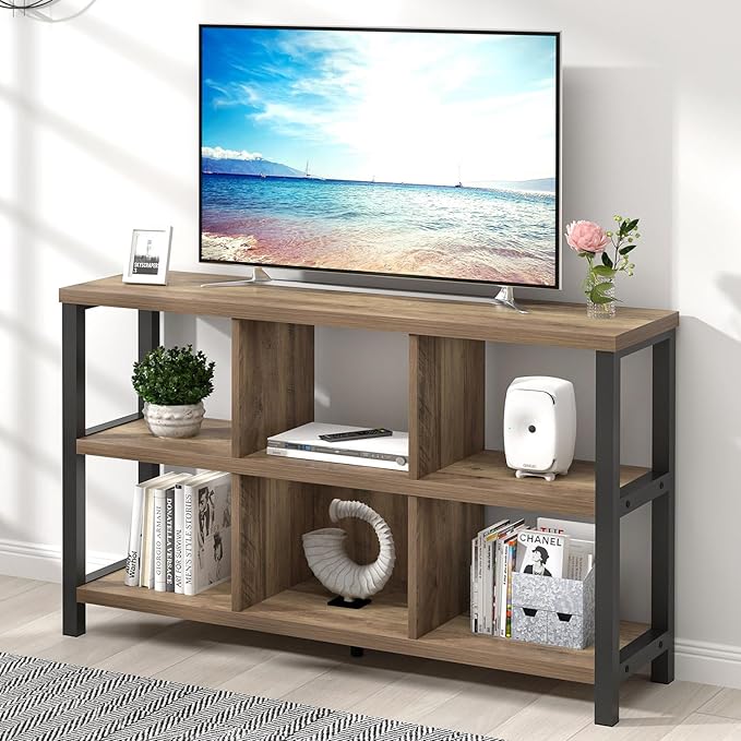 FOLUBAN 6 Cube Storage Organizer with Shelf, Industrial Horizontal Bookshelf, Low Cubby Bookcase for Living Room Bedroom, 47 Inch Oak