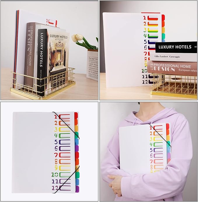 Rainbow Tab Expanding File Folder - 24 Pockets, Durable A4 Letter Size Organizer, Water-Resistant Plastic Dividers, Home/Office/School Document Holder (White）