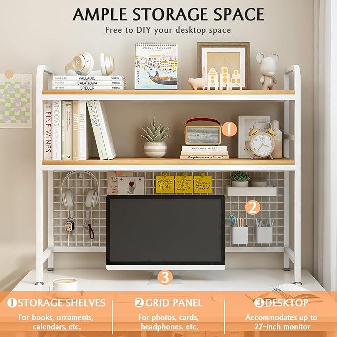 IOTXY 2-Tier Desktop Hutch Bookshelf - Metal Desk Shelf Bookcase with Grid Panel, Countertop Storage Organizer Rack for Dorm or Office, White, 45.3" W