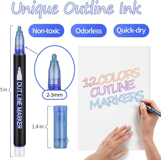 Outline Shimmer Glitter Markers for Kids, 12 Metallic Outline Marker Pen, Super Squiggles Shimmer Markers for Doodling, Art Supplies, Arts Crafts, Gifts for 8-12 Year Old Girls, Double Line Pens