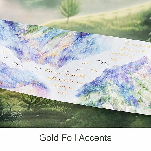 Mountain Forest Washi Tape Set, 6 Rolls with Poetic Text and Gold Foil Accents, Includes Clip for Scrapbooking, Journaling, and Planner Supplies