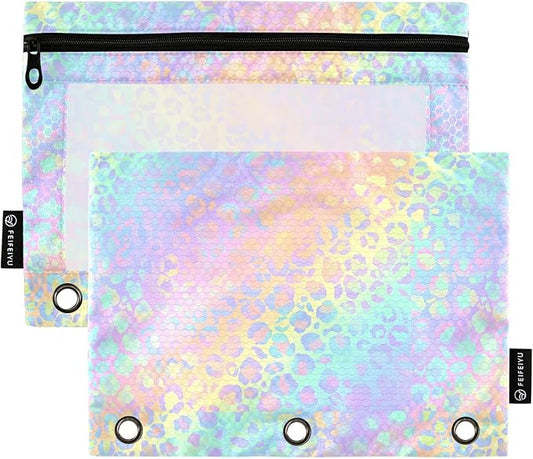 ALAZA Pencil Pouch for 3 Ring Binder, Rainbow Leopard Print Rose Gold Cheetah Binder Pencil Pouches with Clear Window Zipper Pencil Case Cosmetic Bags for Office College Supplies, 2PCS