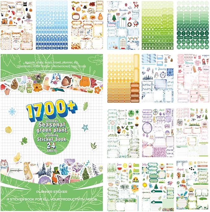 1700+ Planner Stickers Book, 24 Sheets Waterproof Repositionable Stickers for Journal, Bullet Planner, Scrapbook & Calendar, Functional Decorative Sticker Set & Gift (Seasonal Plants)