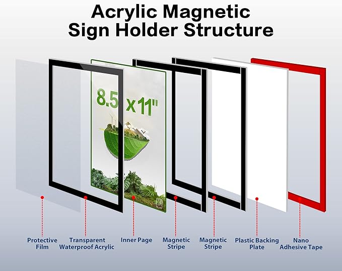8.5" x 11" Acrylic Sign Holder Wall Mount, Self-Adhesive Magnetic Display Frame with Nano Tape and Strong Magnetic Border for Wall, Door, Glass, Home, Store, Office (Black, 3Pack)