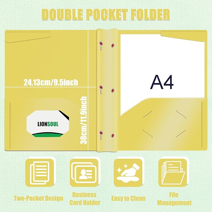 Pastel Plastic File Folders with Pockets and Prongs, 7 Pack, A4 Letter Size, Heavy Duty Waterproof Office Folders with Clear Front Cover for School, Home, and Office (Yellow)