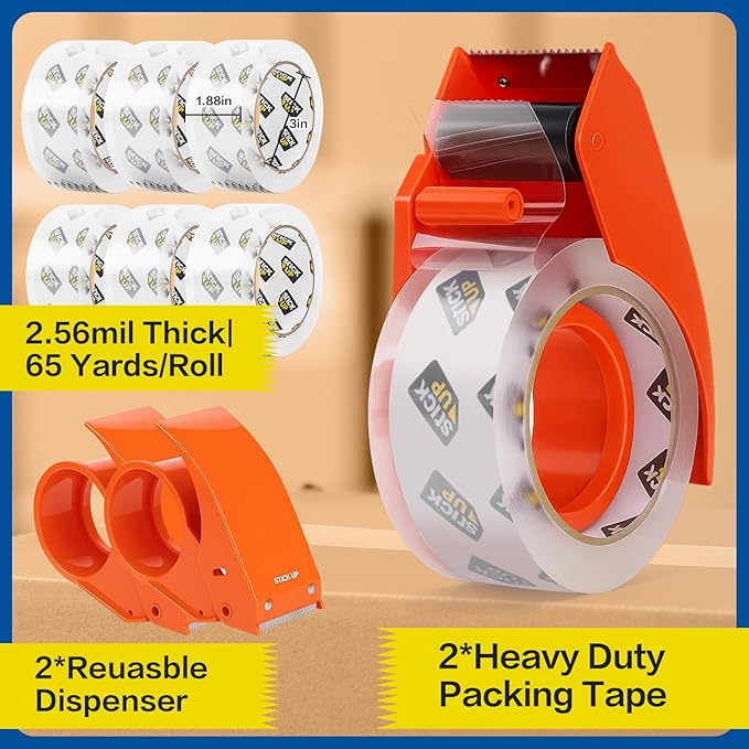 STICK UP 6 Rolls Packing Tape with 2 Dispensers, 390 Yds Total, 1.88 inch x 65 Yds Heavy Duty Shipping Tape, Strong Adhesive Clear Packaging Tape for Moving, Shipping and Mailing Supplies