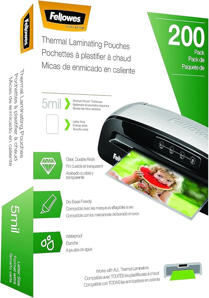 Fellowes Thermal Laminating Pouches, Letter Size Sheets, 5mil 200pk, Clear (5743601)