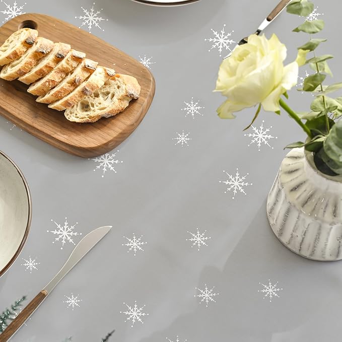 Horaldaily Christmas Tablecloth 90×90 Inch Round, Deers Snowman Trees Grey Washable Table Cover for Party Picnic Dinner Decor