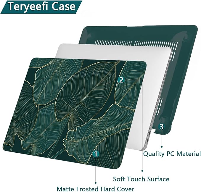 Teryeefi for MacBook Pro 13 inch Case M2 M1 2022 2020 2019-2016 Model A2338 A2289 A2251 A2159 A1989 A1706 with Touch Bar, Hard Shell Case & Keyboard Cover & Screen Protector, Green Leaf