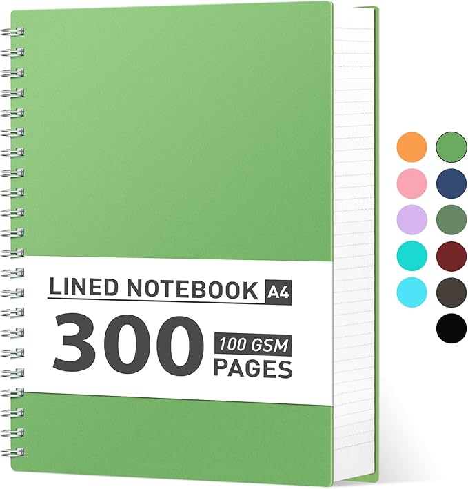 AHGXG Spiral Notebook College Ruled - Large Spiral Notebook 8.5" x 11", 300 Pages Writing Journal for Work, 100GSM Thick Paper, Plastic Hardcover A4 Notebook for School Supplies Women Men, Green