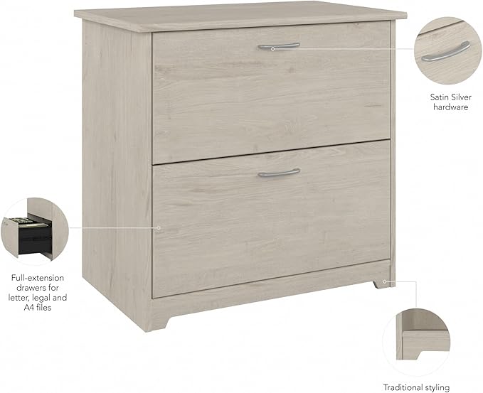Bush Furniture Cabot 2 Drawer Lateral File Cabinet in Linen White Oak, Home Office Chest for Letter, Legal, and A4-Size Document Storage
