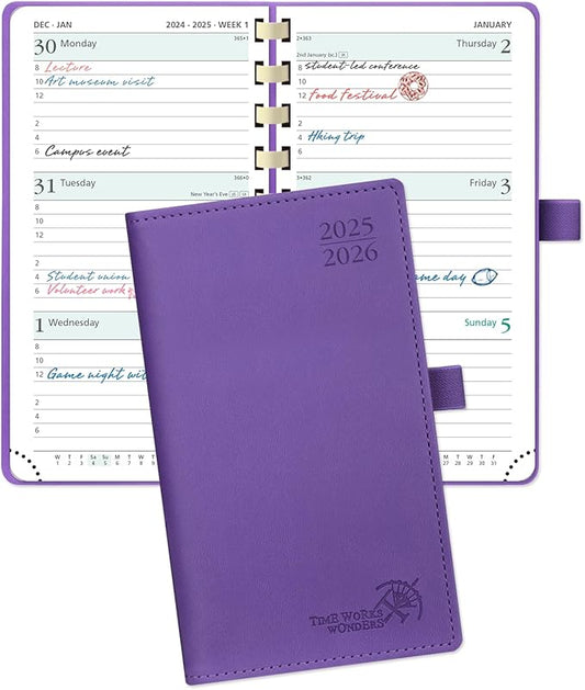 POPRUN Pocket Planner 2025-2026 (Slim Size 3.5'' x 6.5'') Academic Purse Calendar (July 2025 - June 2026) with Hourly Time Slots, 100GSM Thick Paper, Spiral Soft Cover - Purple