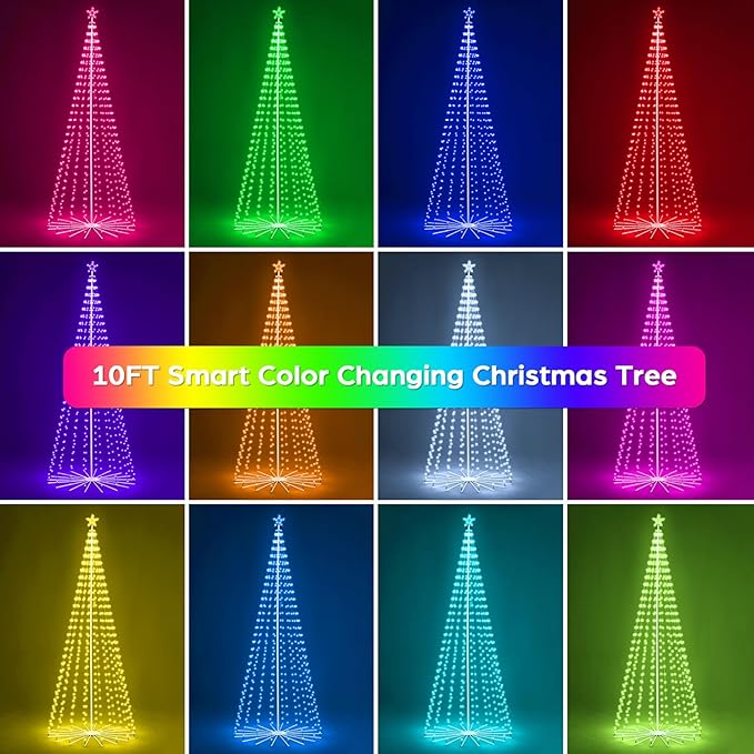10FT Smart Christmas Tree Lights with App & Remote Control, 514 RGB Color Changing LED Cone Tree Lights, Music Sync, Custom Light Show, IP44 Waterproof Outdoor Decoration for Xmas, New Year, Parties