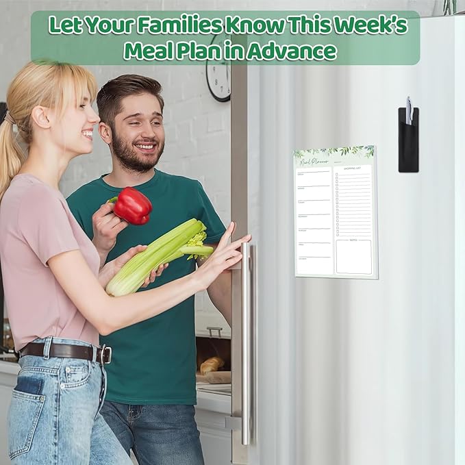 Meal Planner for fridge with Pen Holder, 60 Sheets 7x10'' Magnetic Meal Planner and Grocery List Undated Weekly Meal Planner with Tear off Shopping List for Meal Planning and Shopping, Green Leaf