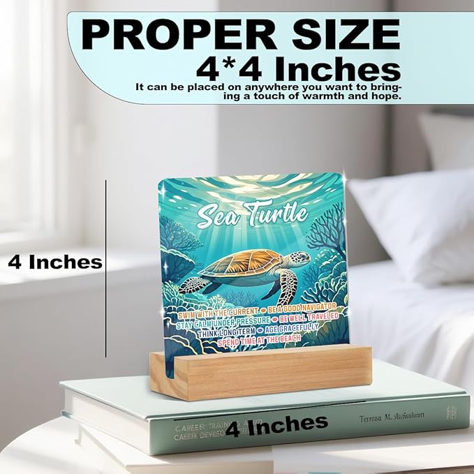 Sea Turtles Office Decor Sign, Inspirational Turtle Clear Acrylic Sign With Wooden Stand, Thank You Gifts for Home Office Desk Decorative Signs for Tabletop Cubicle Shelf Desk Accessories Decor