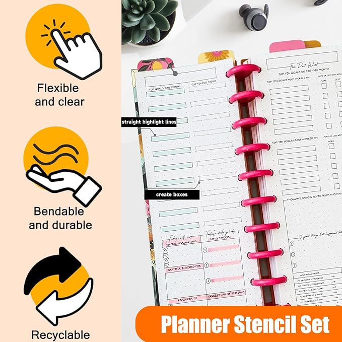 Handmade Flexible Record Template, Planner Stencil Set for Dot Grid Journals, Flexible Drawing and Checklist Templates, for Journaling Checklists Boxes Lines & Daily Planning, Set of 3 Pack (C)