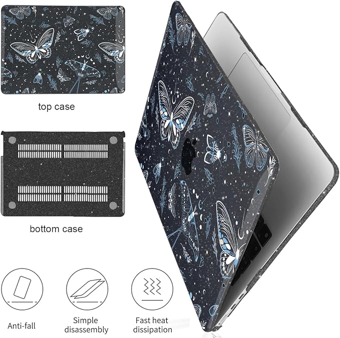 for 2025 MacBook Air 13.6 Inch Case M4 A3240 M3 A3113 M2 A2681 2024 2023 2022 Release, Glitter Black Printed Plastic Hard Shell Cover for Mac Air 13.6 M4 M3 M2 Chip Touch ID, Butterfly Sky
