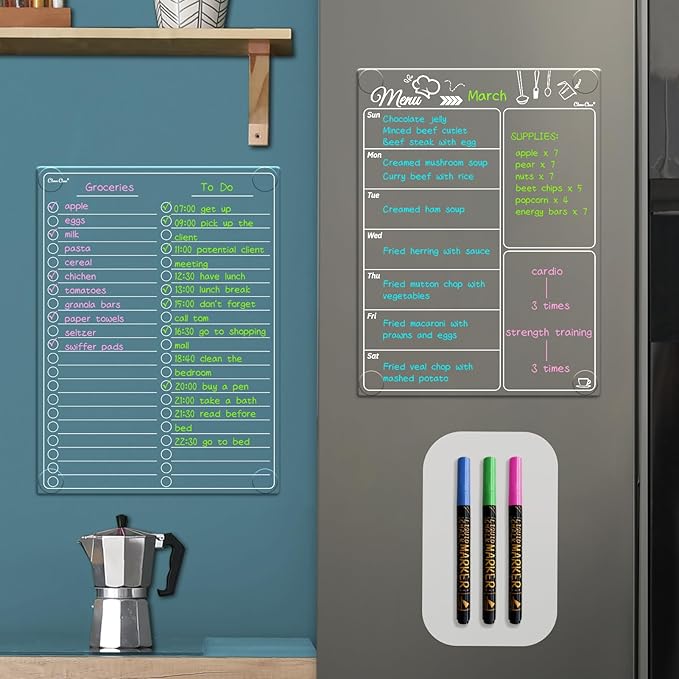 Clear Non-Magnetic Meal Planner Set for Fridge - Dry Erase Transparent Menu and List Board - Sticks to Wall, Glass, Door, Any Smooth Surfaces