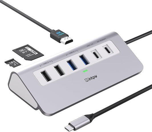 USB C Hub, INTPW 9-in-1 USB C Hub Multiport Adapter with 4K HDMI, PD 100W, Type-C and 2 USB A 3.0 5Gbps, 2 USB A 2.0, SD/TF Card Reader, Aluminum USB Hub for Laptop, iPhone 16/15 Series, MacBook, iPad