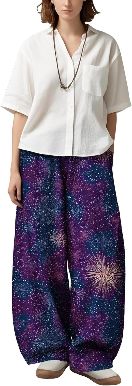 Zaswen Women's Oversize Loose Fit Breathable Pants Wide Leg Lounge Pants Fashion Casual Fireworks Print Trousers with Pockets
