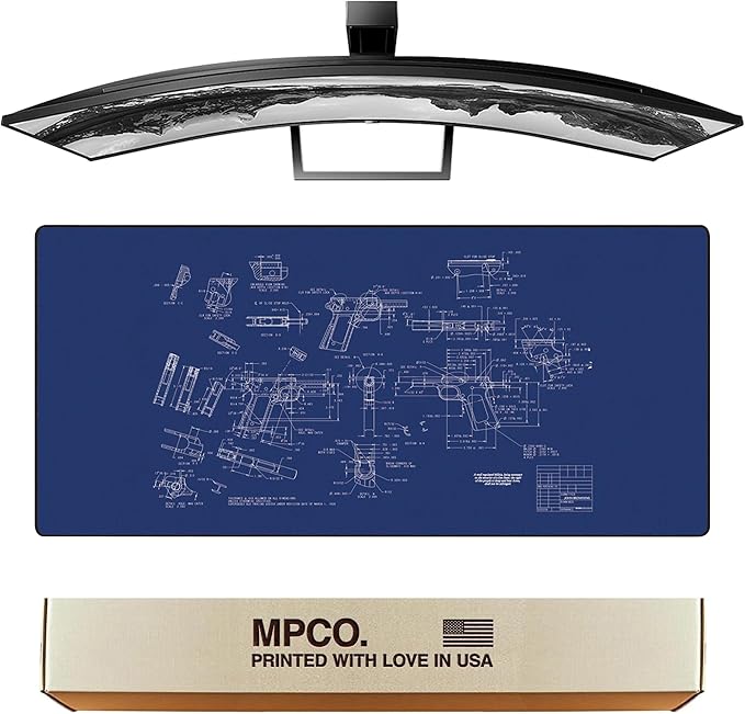 MPCO. Blueprints Large Gaming Desk Pad - 36" x 17" Duraglyde Fabric Browning 1911 – Blue Desk Mats - Non-Slip, Washable, Smooth Glide for Precision Gaming & Work