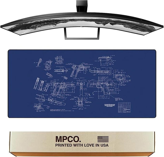 MPCO. Blueprints Large Gaming Desk Pad - 36" x 17" Aeroglyde Fabric Browning 1911 – Black Desk Mats - Non-Slip, Washable, Smooth Glide for Precision Gaming & Work