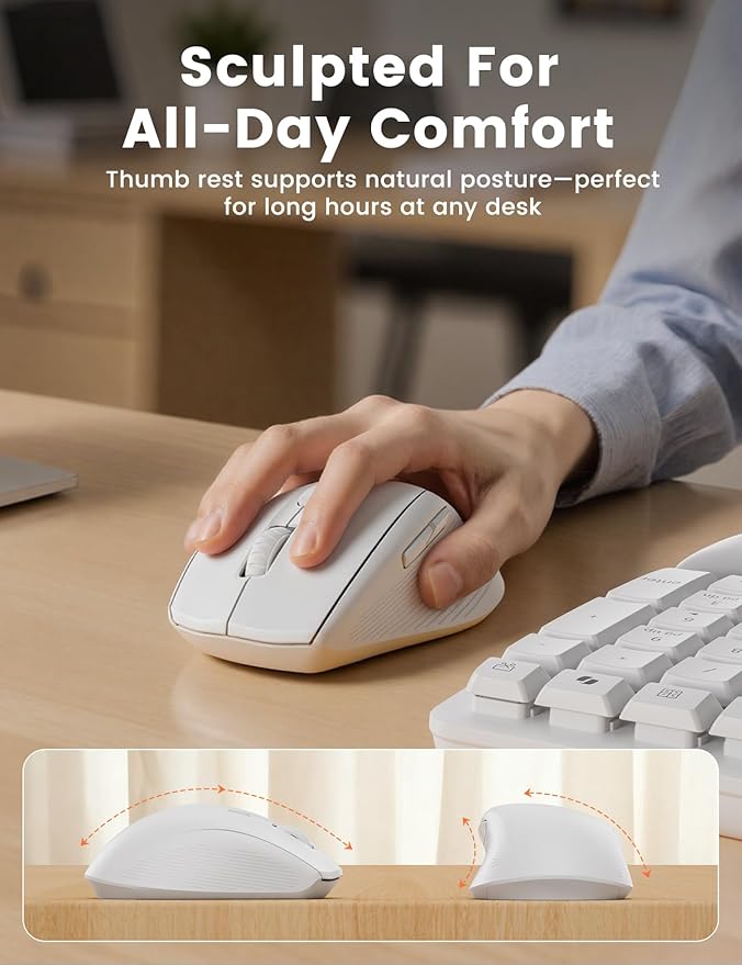 White Wireless Keyboard and Mouse Combo for MacBook & Windows, 30dB Quiet Ergonomic Keyboard Set with Wave Keys & Soft Palm Rest, Silent Typing, Dual-System Switch, Ideal for Home Office—Sablute