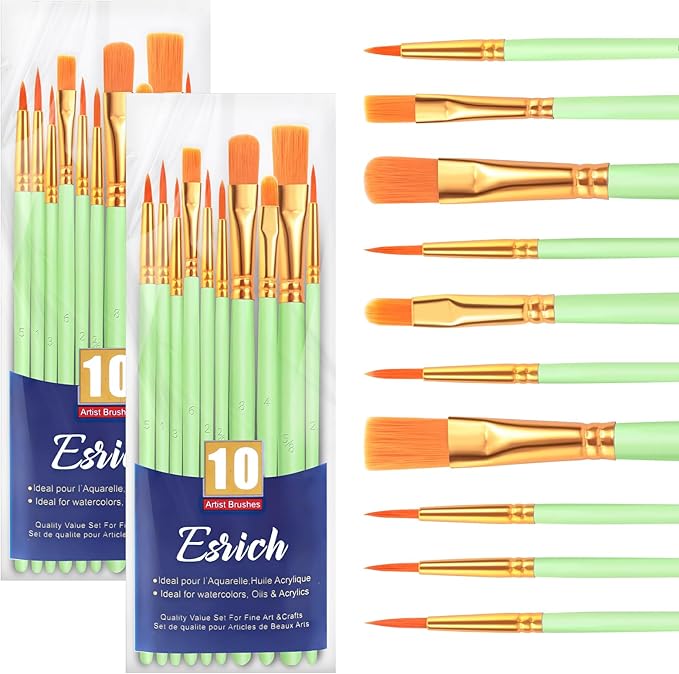 ESRICH Paint Brushes Set,2 Packs 20 Pcs Acrylic Paint Brush Set,Acrylic Oil Watercolor, Face Nail Art, Miniature Detailing,Rock Painting,Painting Artist Professional Kits,Green
