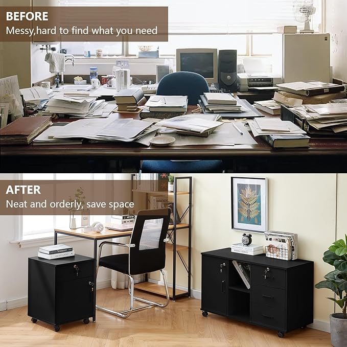 TUKAILAi Mobile File Cabinet with Lockable Drawer & Door, Under Desk Rolling Filing Cabinet with 4 Wheels, Wooden Stationery Storage Cabinet for Home Office (Black)