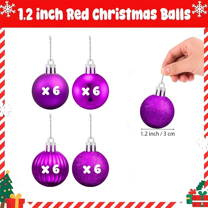 Set of 24 Small Purple Christmas Ornaments Balls for Christmas Tree, 1.2 inch Mini Purple Ornaments for Mini Tree, Plastic Shatterproof Hanging Bulbs Xmas Valentine Party Indoor Outdoor Decorations
