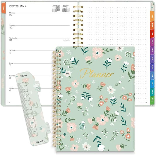 SUNEE 2026 Weekly and Monthly Planner - January 2026-December 2026, 6.4" x 8.3" Half Weekly Half Note, Daily Agenda Planner with PVC Waterproof Cover, Monthly Tab, Note, Pockets, Bookmark, Wildflowers