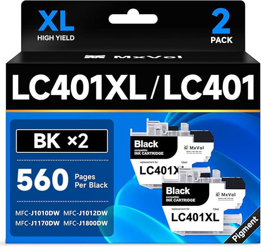 MxVol LC401XL Compatible Ink Cartridges Replacement for Brother LC401 LC-401XL LC-401 LC401XLBK High Yield for MFC-J1010DW MFC-J1170DW MFC-J1800DW MFC-J1012DW Printer Ink Cartridges (Black, 2-Pack)