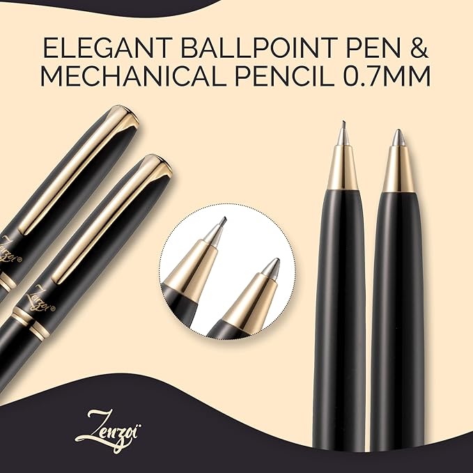 ZenZoi Luxury Black Pen & Pencil Set - Metal, Retractable Executive Ballpoint & Mechanical Pencil 0.7 MM - Fancy, Quality Gift Set for Men, Women - Professional, Office Writing Instruments