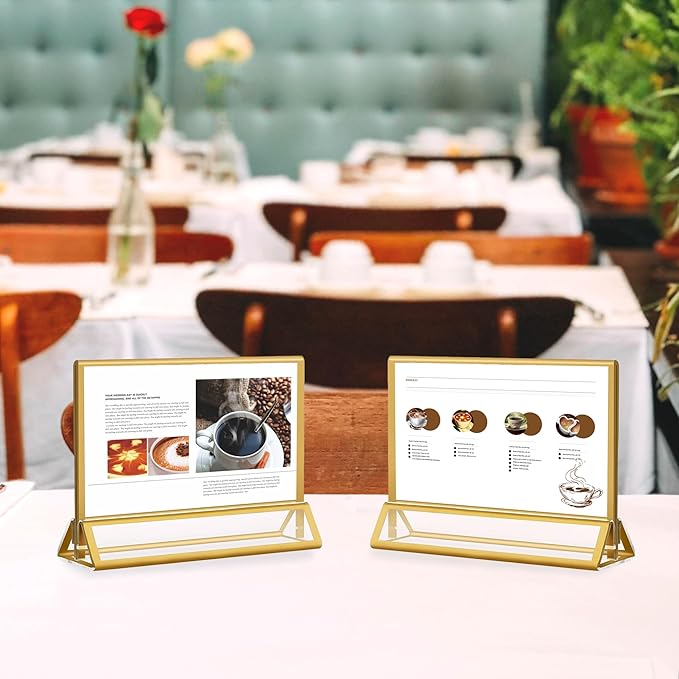 Acrylic Sign Holders Golden Border 8 Pack 7x5 Wedding Table Number Frames Double Sided Table Menu Stands with Horizontal Stand, Photos and Art Display