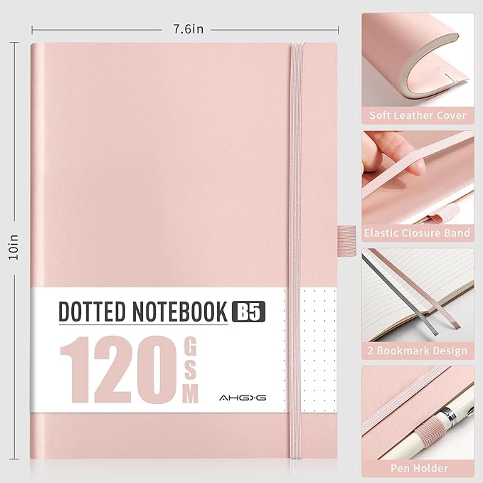 AHGXG Bullet Dotted Journal - Dot Grid Notebook Journal, 120 GSM Thick Acid-Free Paper, Large B5 Dotted Notebook 96 Pages, Leather Softcover, Inner Pocket, Journal Stencil, 7.6'' X 10'' - Rose Gold