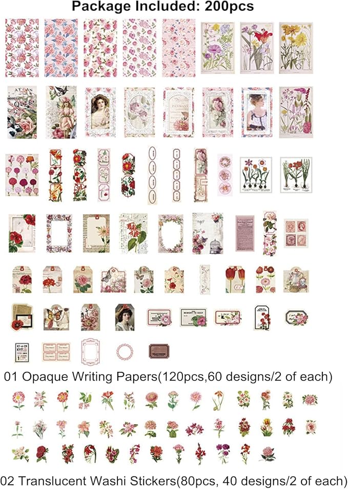 200PCS Vintage Scrapbooking Supplies Pack, Aesthetic Scrapbook Sticker Paper Art Journaling Kit for Bullet Junk Journals,Planner,Cottagecore Decor Gifts (Pink Series)