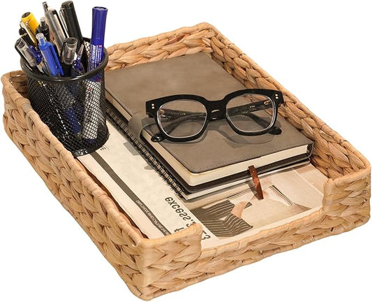 PINXIURY Water Hyacinth Letter Tray for A4 File Desk Mail Letter-Size Paper, Basket Woven Organizer, Magazine Files Storage, Office Document Organizer and Storage