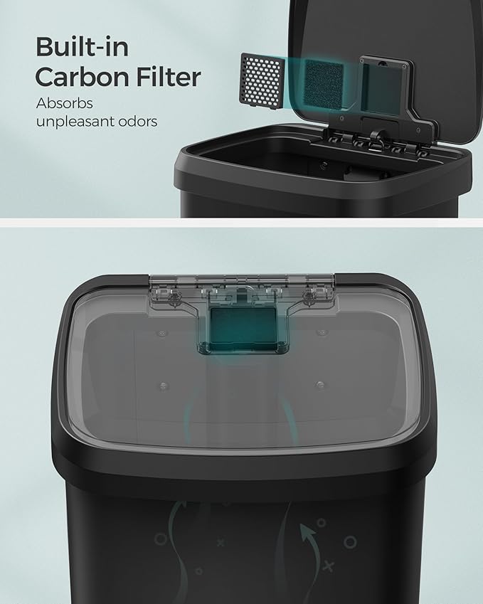 SONGMICS Kitchen Trash Can, 13 Gallon (50 L) Stainless Steel Garbage Can, with Stay-Open Lid and Step-on Pedal, Soft Closure, Tall, Large and Space-Saving, Black ULTB530B50