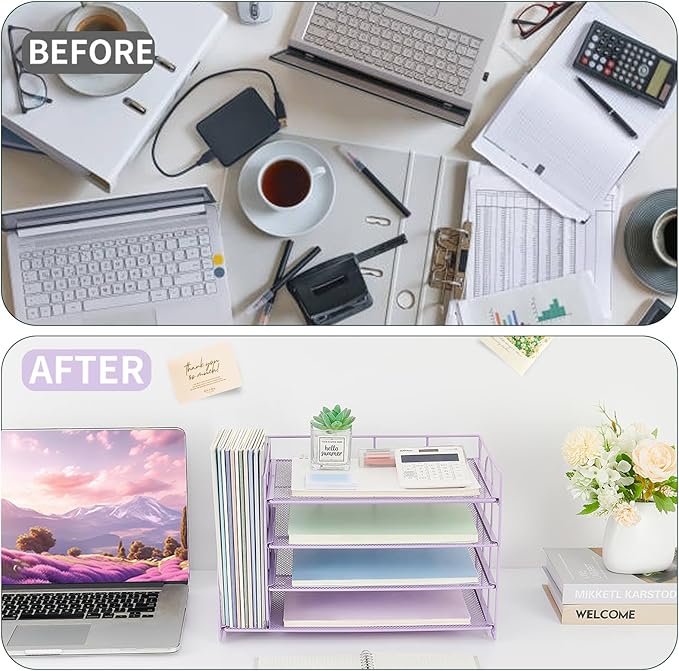OPNICE 4-Tier Paper Organizer with Magazine Holder, Desk Organizers and Accessories, Office Desk Accessories & Workspace Organizers, Desktop File Organizer for Office Supplies Storage, Purple