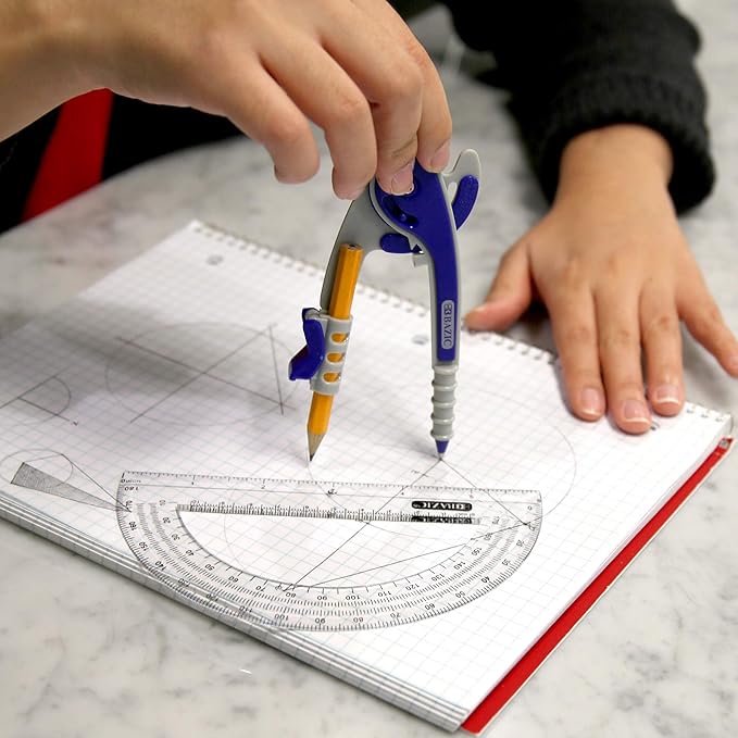 BAZIC Geometry Math Compass Set w/Scale-Arm, 6" Protractor, & HB Wood Pencil, Inch Centimeter, Mathematical Drafting Drawing Tool for Student, 1 UNIT, RANDOM COLOR