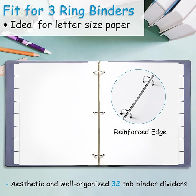 Binder Dividers for 3 Ring Binder, 1/8 Cut Tabs, Letter Size, Blank Write On Page Dividers with 8 Big Tabs for School Office Home, 4 Sets, 32 Dividers, White