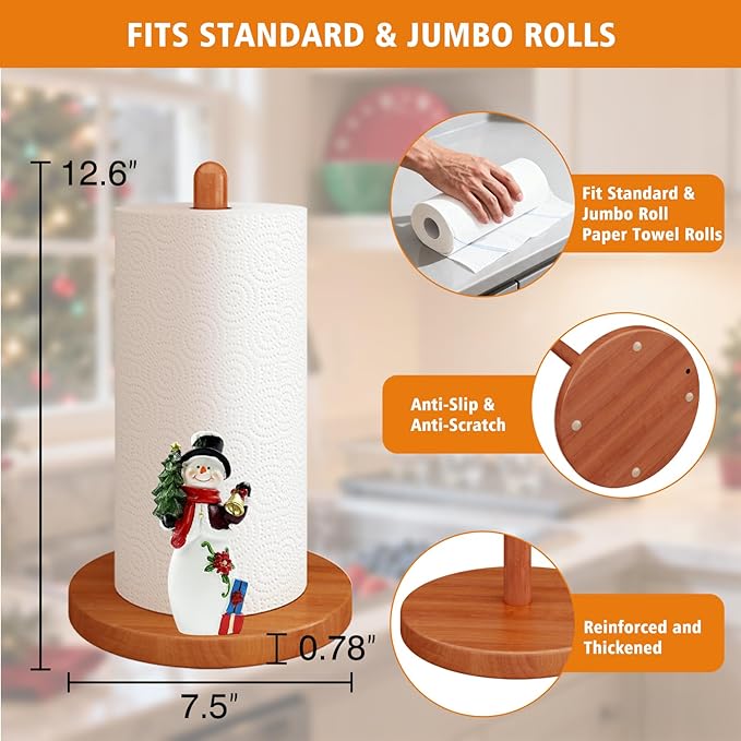 GAJ Christmas Decorations Paper Towel Holder Countertop, 3D Snowman Kitchen Counter Decor, Cute Resin Wooden Stand for Bathroom & Home Indoor Table, Winter Xmas Gift for Women, Housewarming Gifts